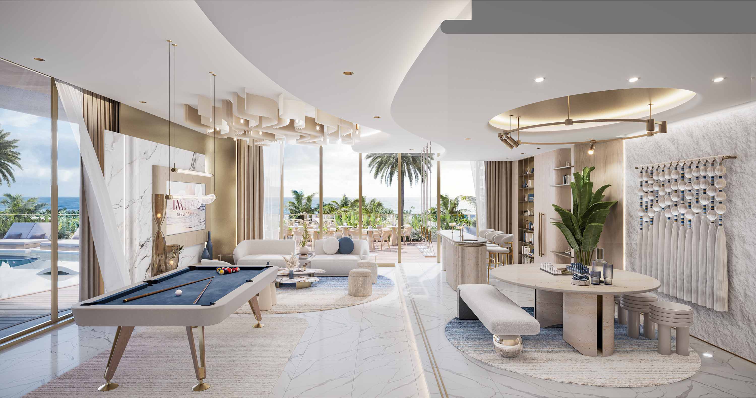 Sunset Bay 4 By Imtiaz Modern living space featuring a pool table, cozy seating, and large windows overlooking palm trees and a pool area.